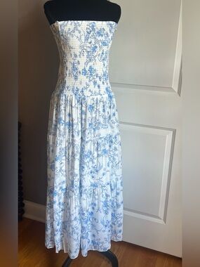 Strapless Smocked Maxi Dress in Blue Floral
